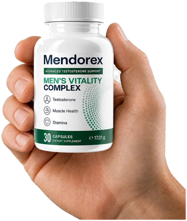 Mendorex Men's Vitality Complex Capsules bottle of 30 capsules held in a hand